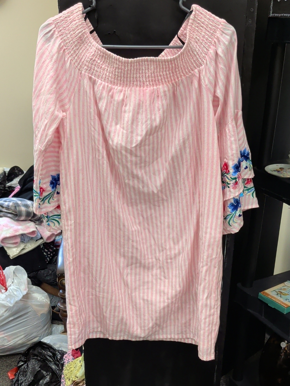 Women’s Pink Striped Off-Shoulder Tunic with Floral Embroidery
